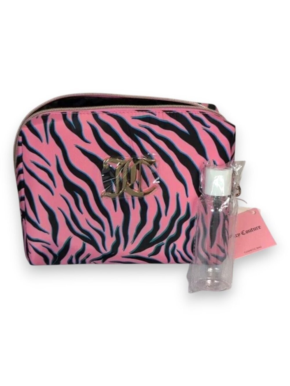 Juicy Couture Pink Tiger Strips Print Large Travel Cosmetic Bag with Bottle NWT - Picture 2 of 2